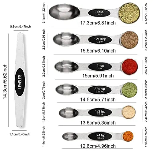 Magnetic Measuring Spoons Set Stainless Steel with Leveler, Stackable Metal Tablespoon Measure Spoon for Baking, Cups and Spoon Set Kitchen Gadgets Apartment Essentials Fits in Spice Jars BIDFUL