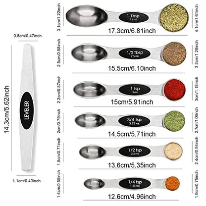 Magnetic Measuring Spoons Set Stainless Steel with Leveler, Stackable Metal Tablespoon Measure Spoon for Baking, Cups and Spoon Set Kitchen Gadgets Apartment Essentials Fits in Spice Jars BIDFUL