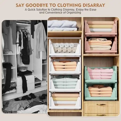 SNSLXH 5 Pack Stackable Closet Storage Basket, Multifunctional & Foldable Closet Organizer for Bathroom Kitchen Laundry Room Wardrobe Storage, Space-Saving Clothes Storage Drawer Organizer, White SNSLXH