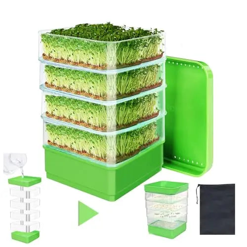 PHAIN 4-Tier Seed Sprouting Kit with Drain Holes and Drain Tray, Upgrade Stackable Microgreens Fresh Organic Bean Seed Sprouter Tray Ripple Soil-Free Sprouter Tray for Beans Alfalfa Seeds PHAIN