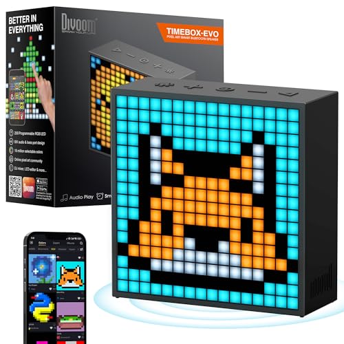 Divoom TimeBox Evo -- Pixel Art Bluetooth Speaker with 16x16 LED Display APP Control - Cool Animation Frame & Gaming Room Setup & Bedside Alarm Clock- Black Divoom
