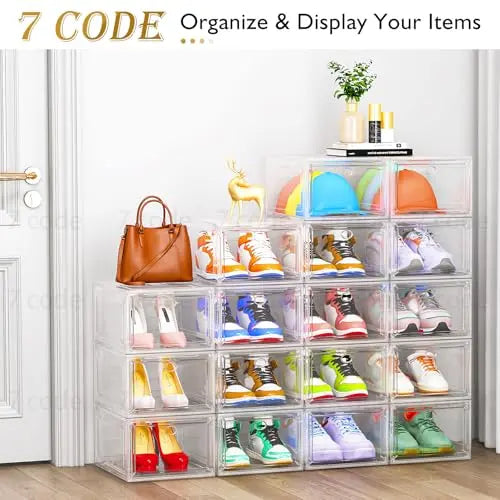 Thickened Clear Shoe Storage Organizer with Magnetic Door, Sturdy Stackable Shoe Boxes for Closet, Collapsible Space-Saving Shoe Rack for Sneakers & Boots, Plastic Shoe Cabinet Box Set, 6 Pack, White 7 code