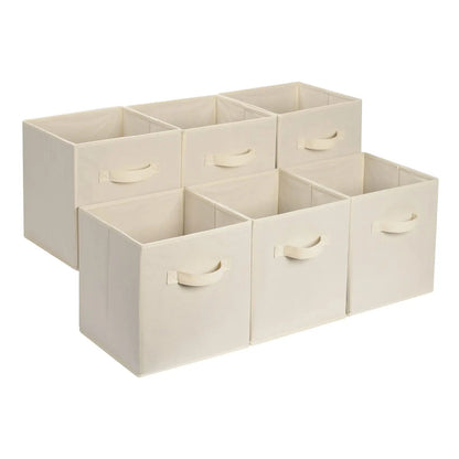 Amazon Basics Collapsible Fabric Storage Cube Bins Organizer with Handles, Sturdy, Beige, 13-x-13-x-13-inch, Pack of 6 Amazon Basics