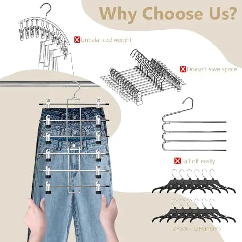 Pants Hangers with Clips,Space Saving Hanging Closet Organizer-6 Tiers Skirt Hangers with 360° Swivel Hook,Closet Organizer-Clothes Hangers- College Dorm Essentials Apartment Essentials-2 Pack Lumigens