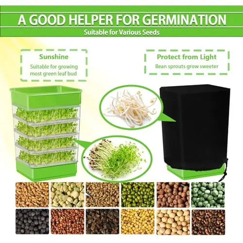 PHAIN 4-Tier Seed Sprouting Kit with Drain Holes and Drain Tray, Upgrade Stackable Microgreens Fresh Organic Bean Seed Sprouter Tray Ripple Soil-Free Sprouter Tray for Beans Alfalfa Seeds PHAIN
