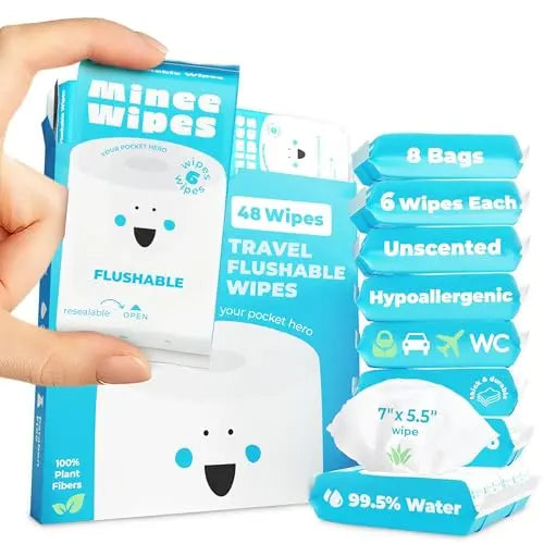 Impossibly Compact Travel Flushable Wipes - 99.5% Water and Aloe - Safe for Sensitive Skin, Hypoallergenic & Unscented - Travel Essentials for Adults, Kids & Baby Care - 8 Pack Total 48 Wipes MOONIES