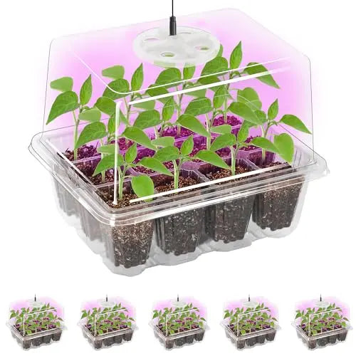 Bonviee 5 Packs Seed Starter Tray with Grow Light, Elevated Seedling Starter Trays Kits with Adjustable Humidity Domes and Clear Cell Tray, 12 Full Spectrum led lamp Beads for Plants Indoor-Clear Bonviee