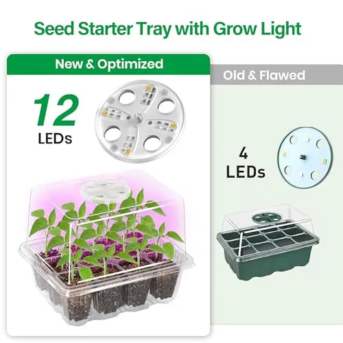 Bonviee 5 Packs Seed Starter Tray with Grow Light, Elevated Seedling Starter Trays Kits with Adjustable Humidity Domes and Clear Cell Tray, 12 Full Spectrum led lamp Beads for Plants Indoor-Clear Bonviee