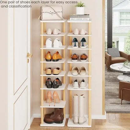 LUCKNOCK Vertical Shoe Rack, 8-Tier Tall Narrow Shoe Organizer for Entryway, Closet, Dorm & Small Spaces, Freestanding Wooden Shoe Shelf Tower for Boots, Sneakers, Heels. (White) LUCKNOCK