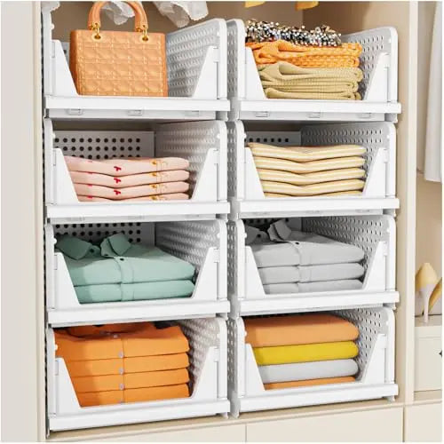 SNSLXH 5 Pack Stackable Closet Storage Basket, Multifunctional & Foldable Closet Organizer for Bathroom Kitchen Laundry Room Wardrobe Storage, Space-Saving Clothes Storage Drawer Organizer, White SNSLXH