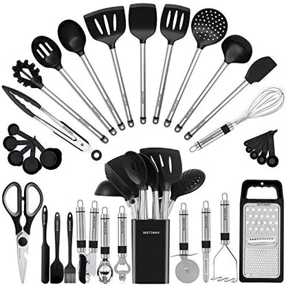 Kitchen Utensil Set-Silicone Cooking Utensils-33 Kitchen Gadgets & Spoons for Nonstick Cookware-Silicone and Stainless Steel Spatula Set-Best Kitchen Tools, Useful Pots and Pans Accessories BESTZMWK