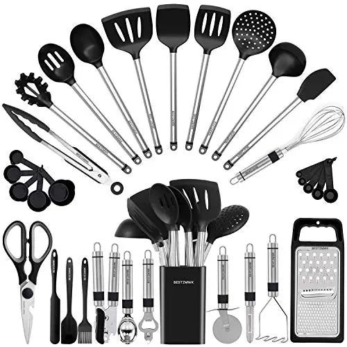 Kitchen Utensil Set-Silicone Cooking Utensils-33 Kitchen Gadgets & Spoons for Nonstick Cookware-Silicone and Stainless Steel Spatula Set-Best Kitchen Tools, Useful Pots and Pans Accessories BESTZMWK
