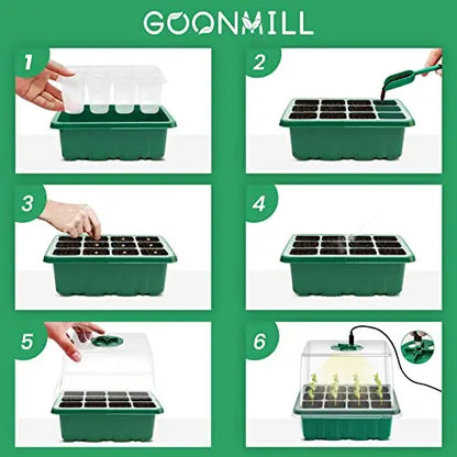Seed Starter Tray with Grow Light, 5 Packs Plant Starter Tray Seedling Starter Kit with Humidity Domes Base Indoor Greenhouse Mini Propagator Station for Seeds Growing Starting (12 Cells per Tray) GOONMILL