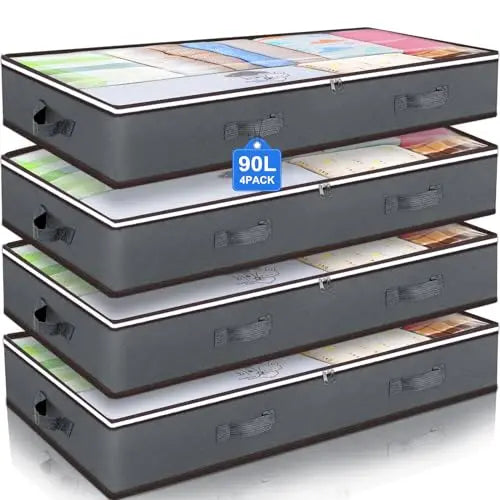 Budding Joy 90L Under Bed Storage Containers, Closet Organizers and Storage Bins, Foldable Underbed Storage Bags for Linen Sheets, Blanket, Clothing, Comforter, Sweaters, Pillows, Wrapping Paper, Grey Budding Joy