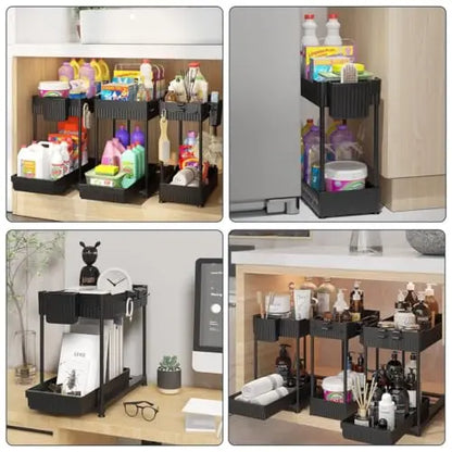 Sevenblue 3 Pack Under Sink Organizers, 2-Tier Multi-Use Kitchen and Bathroom Organizers and Storage with Sliding Drawers，Bathroom Cabinet Organizer (Black, 12.8 Inch) Sevenblue