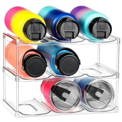 LARGER Compartment - Stackable Water Bottle Organizer Holder - for Stanley & Others' Large Tumbler - Clear Wine Rack, Cup Bottle Holder for Cabinet Home Countertop Fridge Pantry Shelf, 3 Tier Hold 9 LANDNEOO