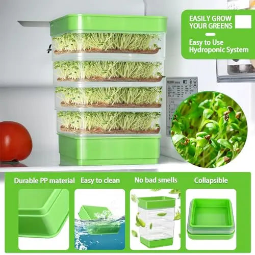 PHAIN 4-Tier Seed Sprouting Kit with Drain Holes and Drain Tray, Upgrade Stackable Microgreens Fresh Organic Bean Seed Sprouter Tray Ripple Soil-Free Sprouter Tray for Beans Alfalfa Seeds PHAIN