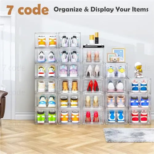 Thickened Clear Shoe Storage Organizer with Magnetic Door, Sturdy Stackable Shoe Boxes for Closet, Collapsible Space-Saving Shoe Rack for Sneakers & Boots, Plastic Shoe Cabinet Box Set, 6 Pack, White 7 code