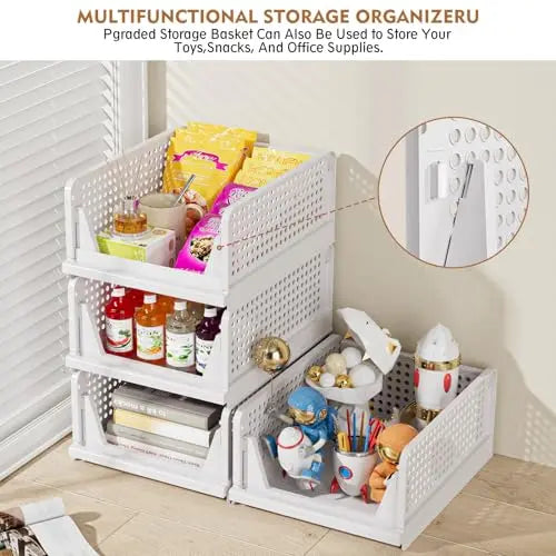 SNSLXH 5 Pack Stackable Closet Storage Basket, Multifunctional & Foldable Closet Organizer for Bathroom Kitchen Laundry Room Wardrobe Storage, Space-Saving Clothes Storage Drawer Organizer, White SNSLXH