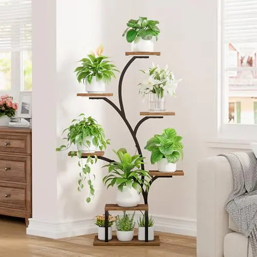 BACEKOLL Plant Stand Indoor with Grow Lights, 7 Tiered Indoor Plant Shelf, 49" Corner Plant Stands for Indoor Plants, Metal Plant Flower Display Shelf, Tree-Shaped Plant Rack for Home, Patio, Brown BACEKOLL