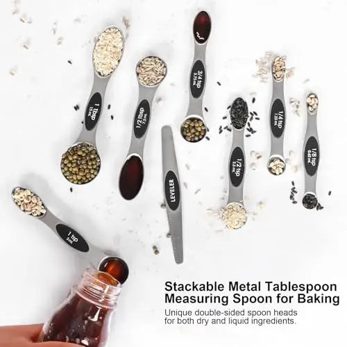 Magnetic Measuring Spoons Set Stainless Steel with Leveler, Stackable Metal Tablespoon Measure Spoon for Baking, Cups and Spoon Set Kitchen Gadgets Apartment Essentials Fits in Spice Jars BIDFUL
