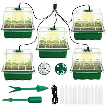 Seed Starter Tray with Grow Light, 5 Packs Plant Starter Tray Seedling Starter Kit with Humidity Domes Base Indoor Greenhouse Mini Propagator Station for Seeds Growing Starting (12 Cells per Tray) GOONMILL