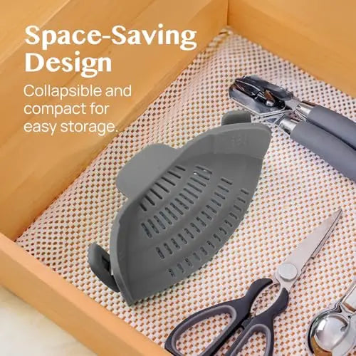 Kitchen Gizmo Snap N' Strain - Silicone Pasta Strainer Clip-On for Pots and Pans - Heat Resistant Colander for Vegetables and Noodles - Kitchen Gadgets for Cooking - Space-Saving Design - Gray Kitchen Gizmo