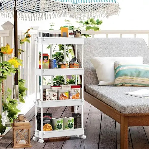 SPACEKEEPER Slim Rolling Storage Cart 4 Tier Bathroom Organizer Mobile Shelving Unit Utility Cart Tower Rack for Kitchen Laundry Narrow Places, White SPACEKEEPER