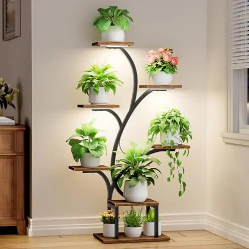 BACEKOLL Plant Stand Indoor with Grow Lights, 7 Tiered Indoor Plant Shelf, 49" Corner Plant Stands for Indoor Plants, Metal Plant Flower Display Shelf, Tree-Shaped Plant Rack for Home, Patio, Brown BACEKOLL