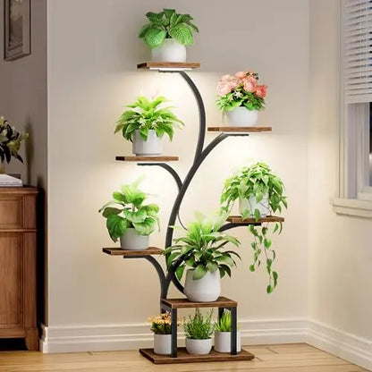 BACEKOLL Plant Stand Indoor with Grow Lights, 7 Tiered Indoor Plant Shelf, 49" Corner Plant Stands for Indoor Plants, Metal Plant Flower Display Shelf, Tree-Shaped Plant Rack for Home, Patio, Brown BACEKOLL