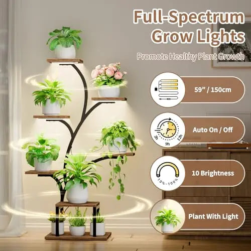 BACEKOLL Plant Stand Indoor with Grow Lights, 7 Tiered Indoor Plant Shelf, 49" Corner Plant Stands for Indoor Plants, Metal Plant Flower Display Shelf, Tree-Shaped Plant Rack for Home, Patio, Brown BACEKOLL