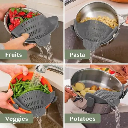 Kitchen Gizmo Snap N' Strain - Silicone Pasta Strainer Clip-On for Pots and Pans - Heat Resistant Colander for Vegetables and Noodles - Kitchen Gadgets for Cooking - Space-Saving Design - Gray Kitchen Gizmo