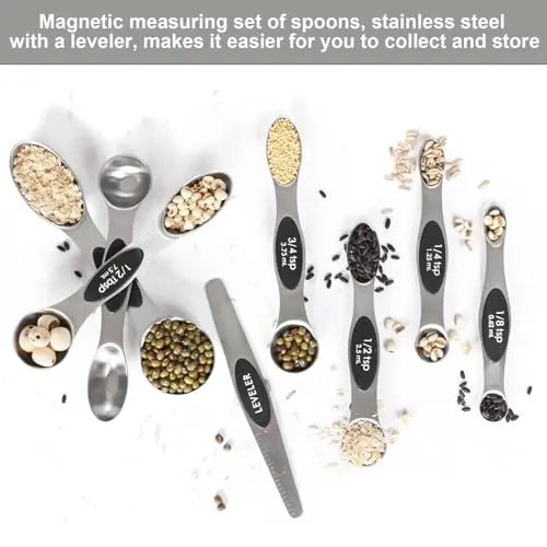 Magnetic Measuring Spoons Set Stainless Steel with Leveler, Stackable Metal Tablespoon Measure Spoon for Baking, Cups and Spoon Set Kitchen Gadgets Apartment Essentials Fits in Spice Jars BIDFUL