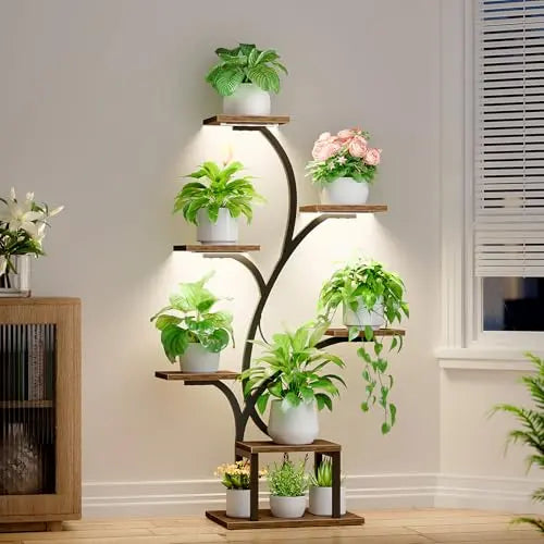 BACEKOLL Plant Stand Indoor with Grow Lights, 7 Tiered Indoor Plant Shelf, 49" Corner Plant Stands for Indoor Plants, Metal Plant Flower Display Shelf, Tree-Shaped Plant Rack for Home, Patio, Brown BACEKOLL