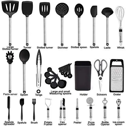 Kitchen Utensil Set-Silicone Cooking Utensils-33 Kitchen Gadgets & Spoons for Nonstick Cookware-Silicone and Stainless Steel Spatula Set-Best Kitchen Tools, Useful Pots and Pans Accessories BESTZMWK