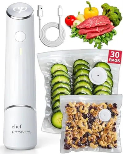 Chef Preserve Compact Vacuum Sealer for Food (Vacuum Sealer Machine + 30 Reusable Vacuum Bags) Powerful Handheld Vacuum Sealer Machine, Seal Meal Saver, Portable Food Sealer Chef Preserve