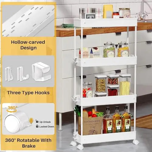 SPACEKEEPER Slim Rolling Storage Cart 4 Tier Bathroom Organizer Mobile Shelving Unit Utility Cart Tower Rack for Kitchen Laundry Narrow Places, White SPACEKEEPER
