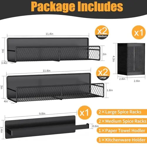 Magnetic Spice Rack for Refrigerator, 6 Pack 100% Metal Strong Magnet Shelf Black, Space Saving Spice Organizer, Home Kitchen Laundry Room Storage Organization W/ Paper Towel Holder, Utensils Racks DTUQYX