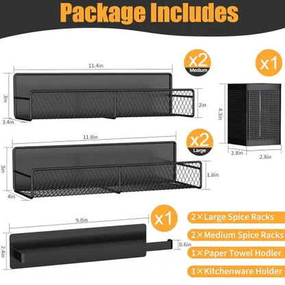 Magnetic Spice Rack for Refrigerator, 6 Pack 100% Metal Strong Magnet Shelf Black, Space Saving Spice Organizer, Home Kitchen Laundry Room Storage Organization W/ Paper Towel Holder, Utensils Racks DTUQYX