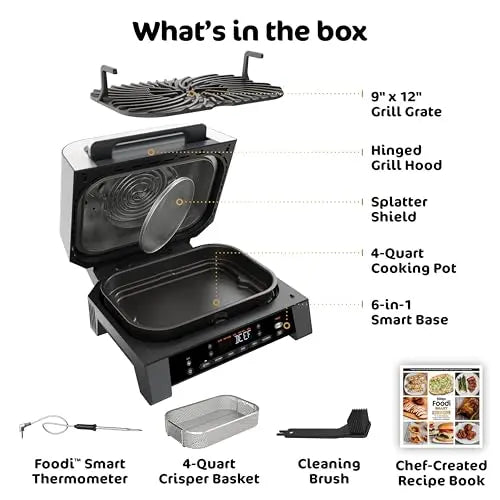 Ninja DG551 Foodi Smart XL 6-in-1 Indoor Grill with Air Fry, Roast, Bake, Broil, & Dehydrate, Foodi Smart Thermometer, 2nd Generation, Black/Silver Ninja