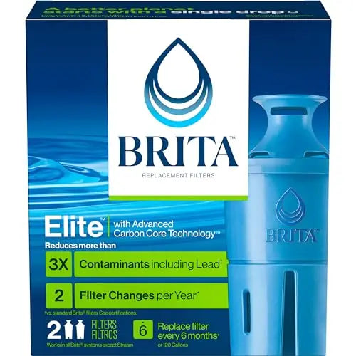 Brita Filter Replacements for Water Pitchers and Dispensers, Elite, NSF Certified to Remove 99% of Lead, 2 Count, Blue Brita