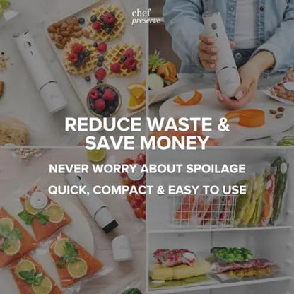 Chef Preserve Compact Vacuum Sealer for Food (Vacuum Sealer Machine + 30 Reusable Vacuum Bags) Powerful Handheld Vacuum Sealer Machine, Seal Meal Saver, Portable Food Sealer Chef Preserve