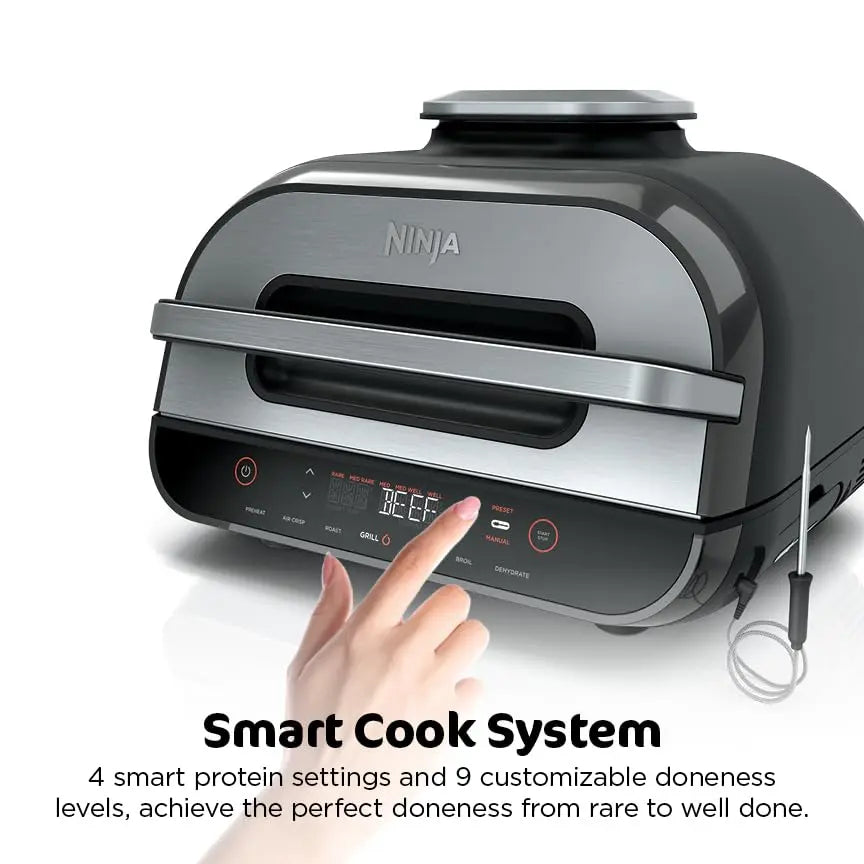 Ninja | Indoor Grill and Air Fryer| Foodi Smart XL | 6-in-1 Grill, Air Fry, Roast, Bake, Broil, Dehydrate & Crisp |Smart Thermometer & Splatter Shield | Dishwasher Safe Parts | Black/Silver | FG551 Ninja