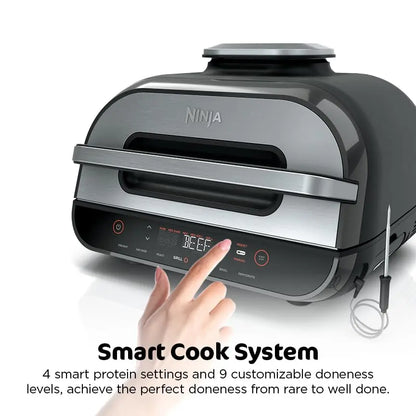 Ninja | Indoor Grill and Air Fryer| Foodi Smart XL | 6-in-1 Grill, Air Fry, Roast, Bake, Broil, Dehydrate & Crisp |Smart Thermometer & Splatter Shield | Dishwasher Safe Parts | Black/Silver | FG551 Ninja