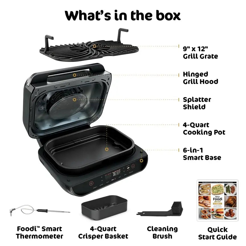 Ninja | Indoor Grill and Air Fryer| Foodi Smart XL | 6-in-1 Grill, Air Fry, Roast, Bake, Broil, Dehydrate & Crisp |Smart Thermometer & Splatter Shield | Dishwasher Safe Parts | Black/Silver | FG551 Ninja