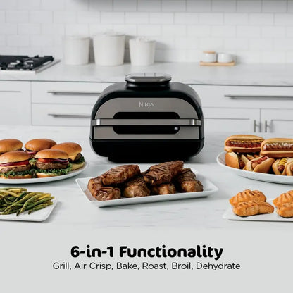 Ninja | Indoor Grill and Air Fryer| Foodi Smart XL | 6-in-1 Grill, Air Fry, Roast, Bake, Broil, Dehydrate & Crisp |Smart Thermometer & Splatter Shield | Dishwasher Safe Parts | Black/Silver | FG551 Ninja