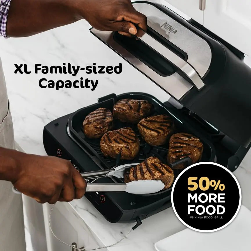 Ninja | Indoor Grill and Air Fryer| Foodi Smart XL | 6-in-1 Grill, Air Fry, Roast, Bake, Broil, Dehydrate & Crisp |Smart Thermometer & Splatter Shield | Dishwasher Safe Parts | Black/Silver | FG551 Ninja