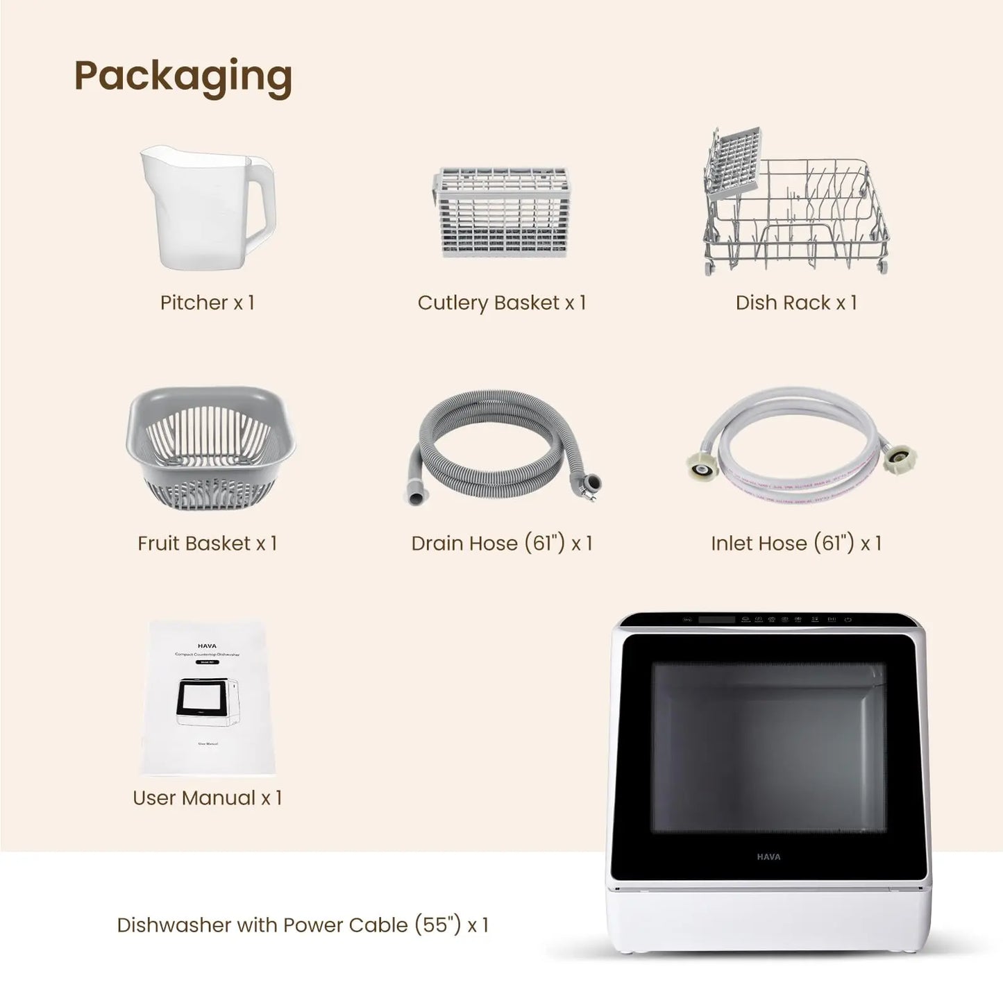 HAVA Countertop Dishwasher, 6 Programs Portable Dishwashers with 5L Built-in Water Tank, No Hookup Needed, Baby Care & Air-Drying Function for Apartments and RVs HAVA