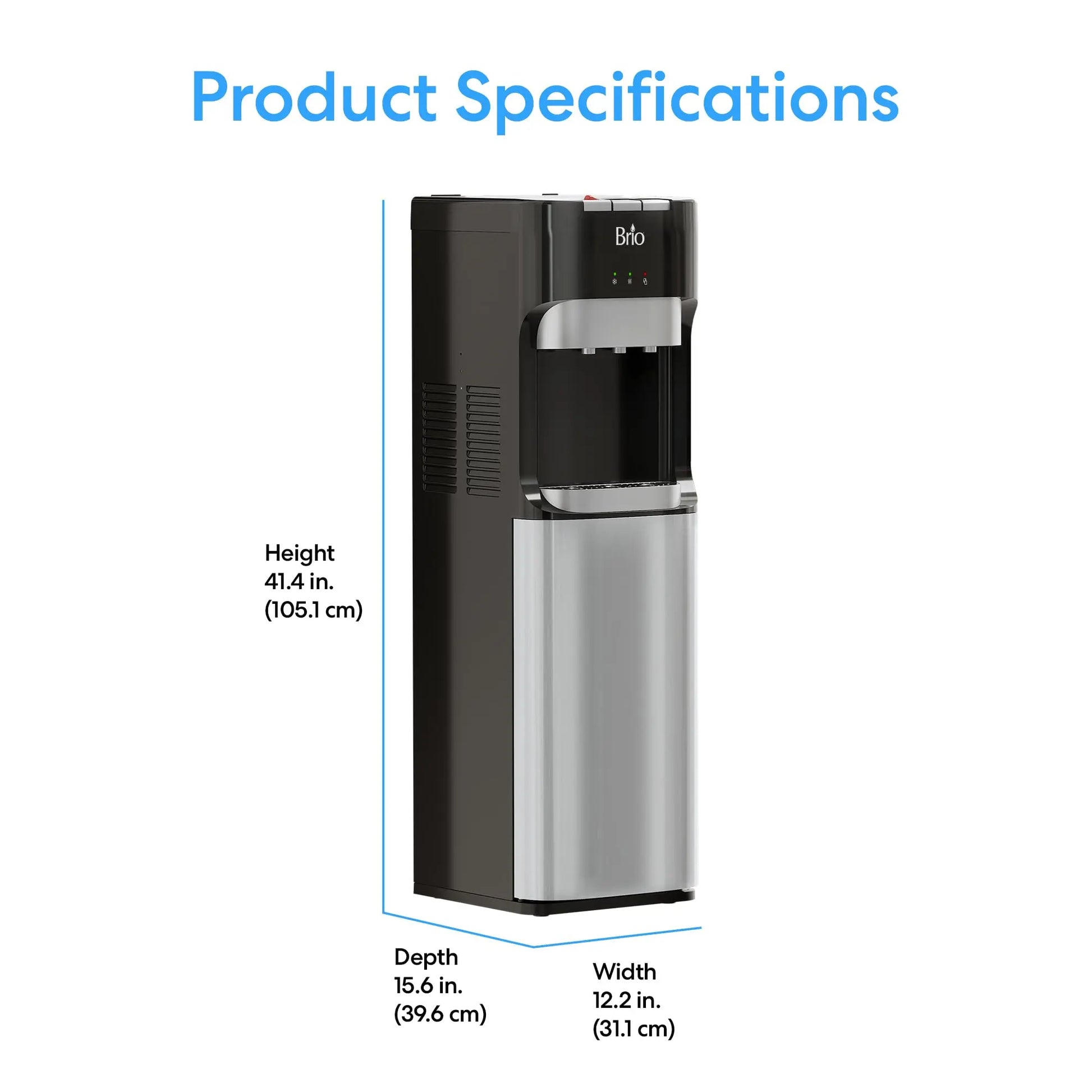 Brio Bottom Loading Water Cooler Dispenser for 5 Gallon Bottles - 3 Temperatures with Hot, Room & Cold Spouts, Child Safety Lock, LED Display with Empty Bottle Alert, Stainless Steel Brio