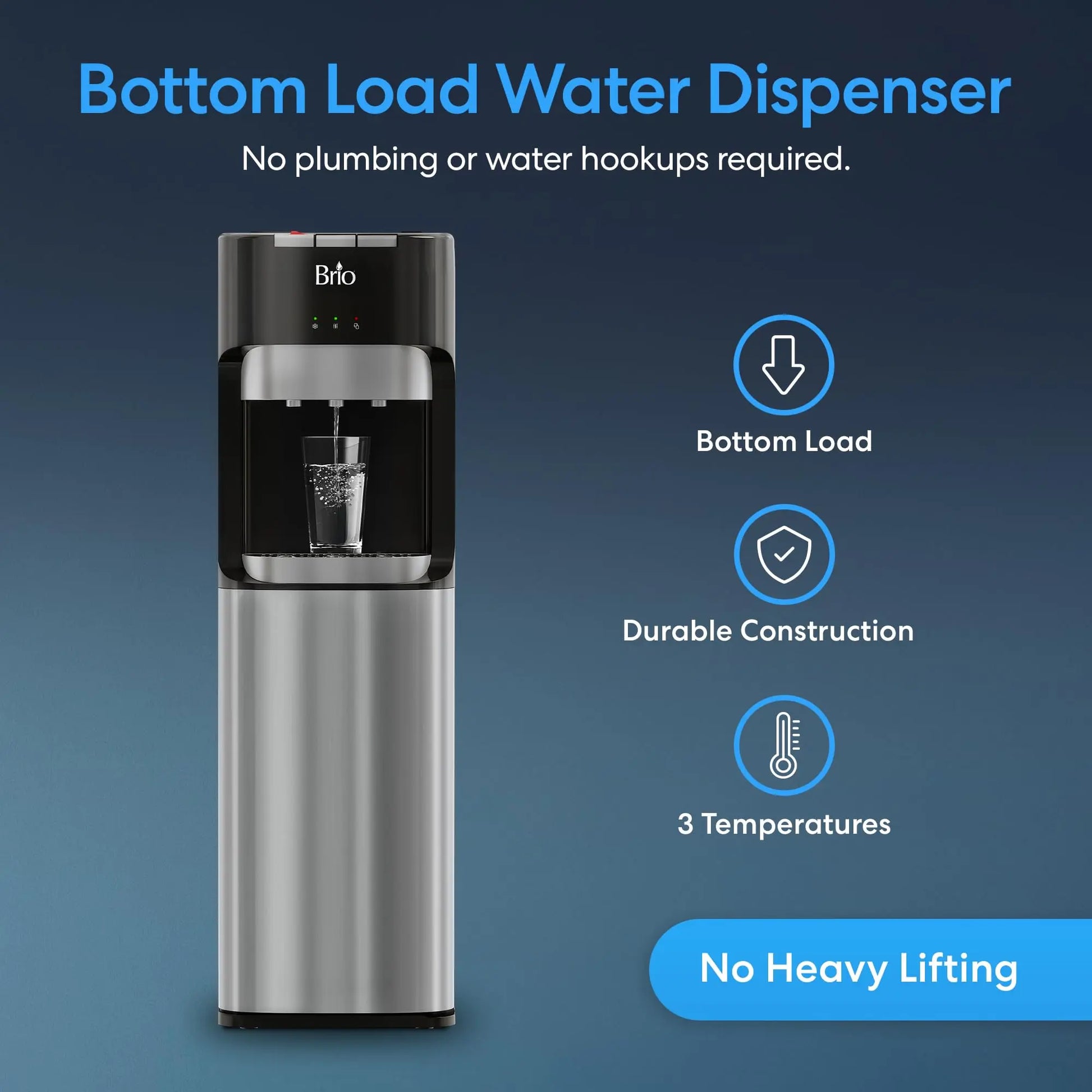 Brio Bottom Loading Water Cooler Dispenser for 5 Gallon Bottles - 3 Temperatures with Hot, Room & Cold Spouts, Child Safety Lock, LED Display with Empty Bottle Alert, Stainless Steel Brio